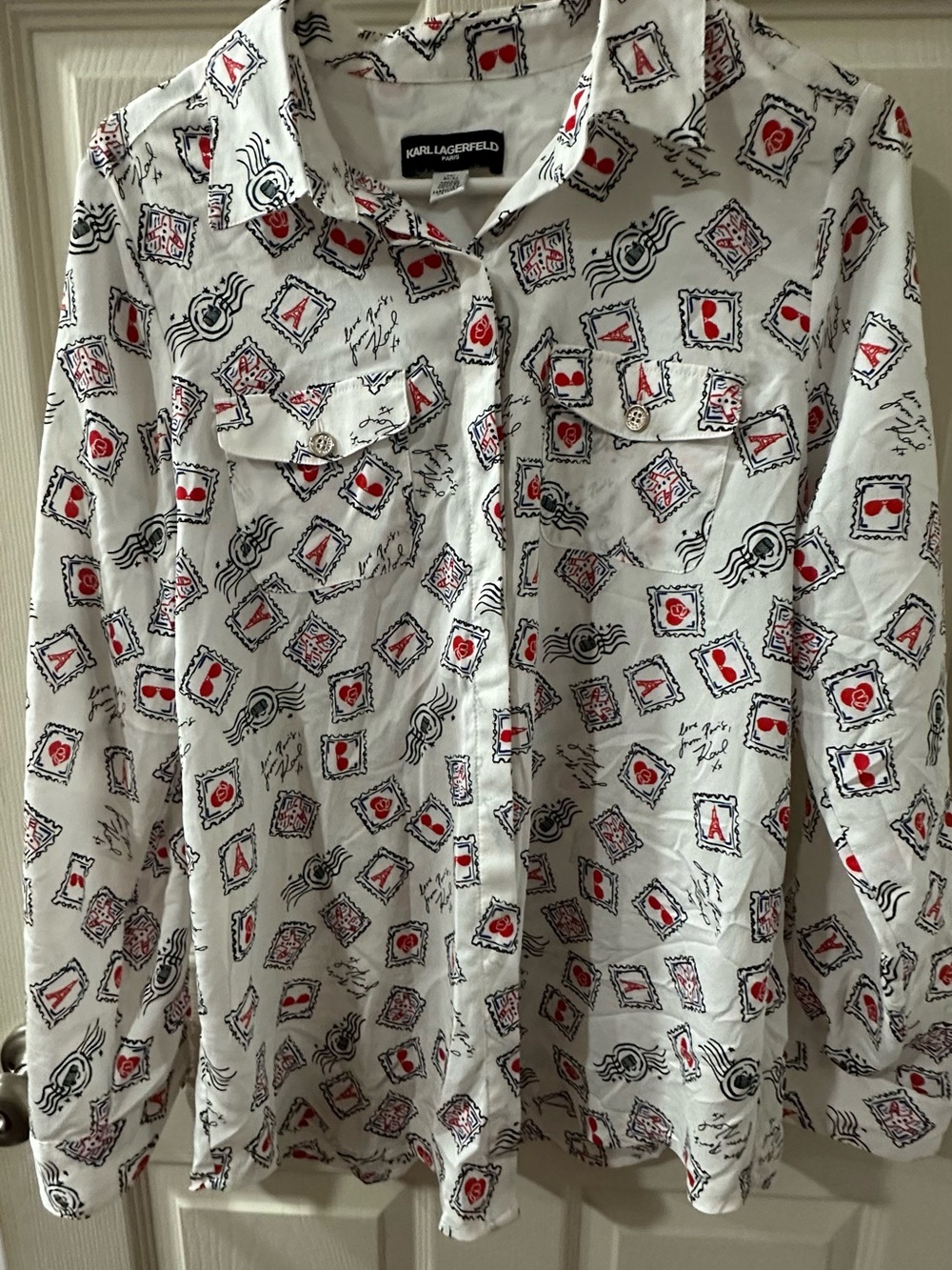 Karl Lagerfeld White Button-Down Shirt with Red & Black Stamp Print
